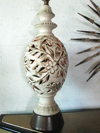 Vintage Mid Century Pottery Lamp With Mod Flowers - Hollywood Regency photo