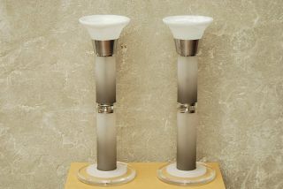 White Grey Lucite Torchiere Table Lamps Column Neo Deco 1980 Hollywood Regency photo