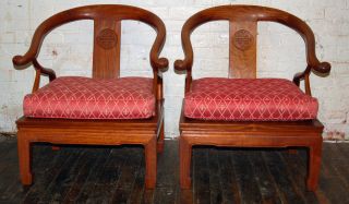 Pair Chinese Horseshoe Lounge Arm Chair Armchairs Mid Century Vintage Eames photo
