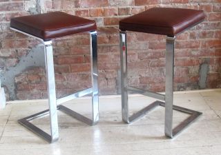 Pair Of Chromed Steel & Leather Barstools By Milo Baughman Eames Era Modern photo