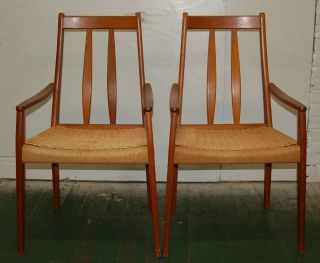 Pair Danish Arm Chairs Woven Reed Wegner Mcm Mid Century Eames Knoll Mobler Best photo