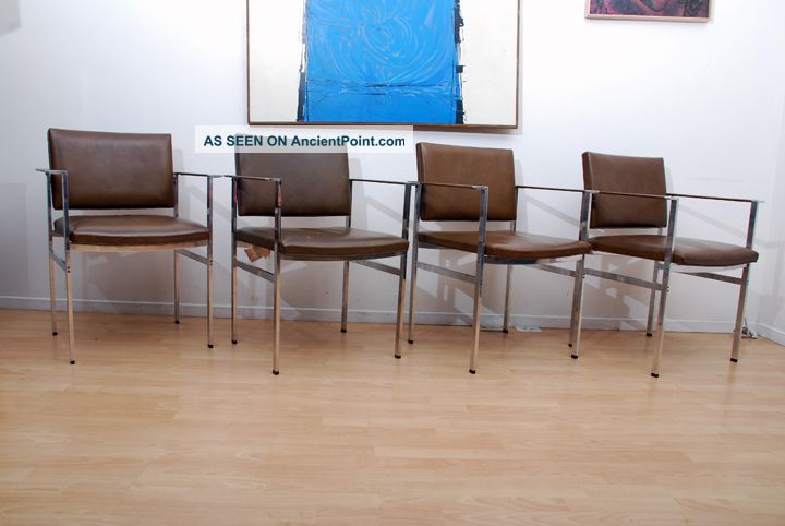 Ward Bennett Set Of Four Arm Chairs,  Aluminum Leather Mid Century Designer Mid-Century Modernism photo