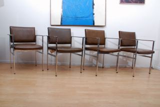 Ward Bennett Set Of Four Arm Chairs,  Aluminum Leather Mid Century Designer photo