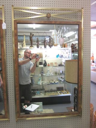Excellent Tommi Parzinger Style Brass + Burled Wood Wall Mirror C1960s photo