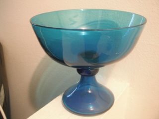 Mid Century Modern Blue Art Glass Hollow Based Compote photo