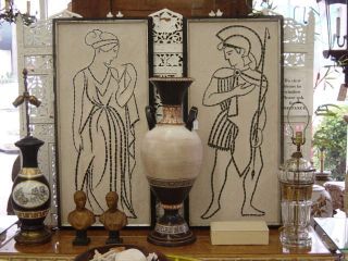 Pair Romanesque Hollywood Regency Neoclassical Framed Male/female Mosaic Plaques photo