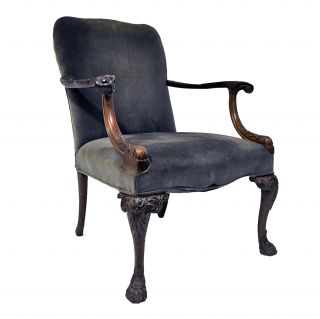 Antique Dark Grey Pewter Velvet Wood Carved Victorian Style Accent Chair photo