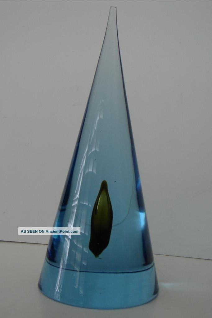 Magnificent Art Glass Sculpture - Blue Cone With Controlled Green Bubble / Drop Mid-Century Modernism photo
