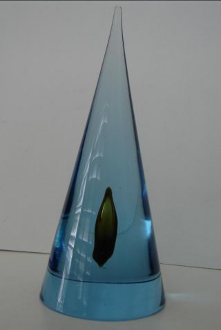 Magnificent Art Glass Sculpture - Blue Cone With Controlled Green Bubble / Drop photo