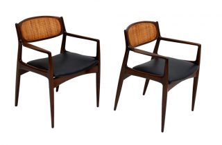 Pair Of Arm Chairs By Selig Made In Denmark Cane Back Black Leather Danish Mod photo