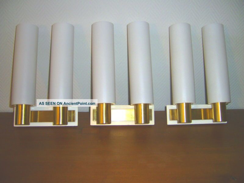Set Of 3 1950´s Wall Lamps Sconces Brass And White Mid-Century Modernism photo