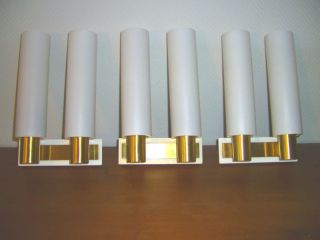 Set Of 3 1950´s Wall Lamps Sconces Brass And White photo