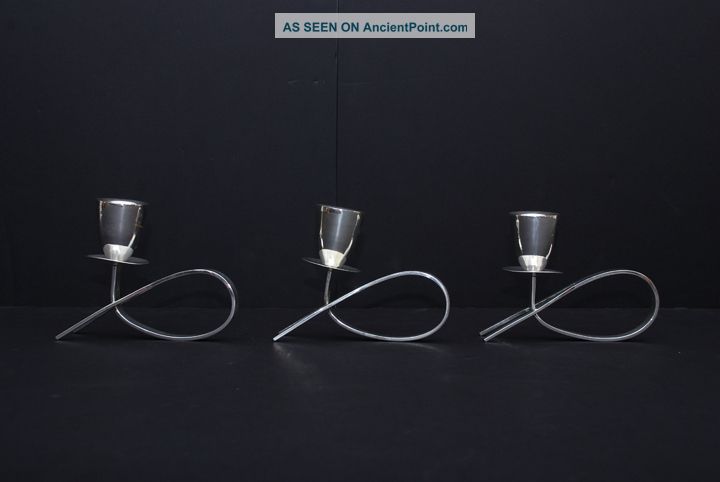 Set Of Three Silverplated Candle Holders Mexico Silver Silversmith Era Unmarked Mid-Century Modernism photo