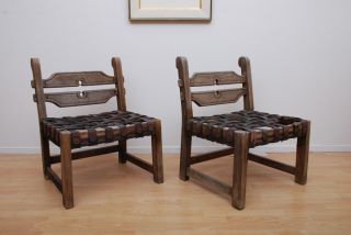 Mexican Modernist Slippery Chairs Leather & Wood Vintage Condition photo
