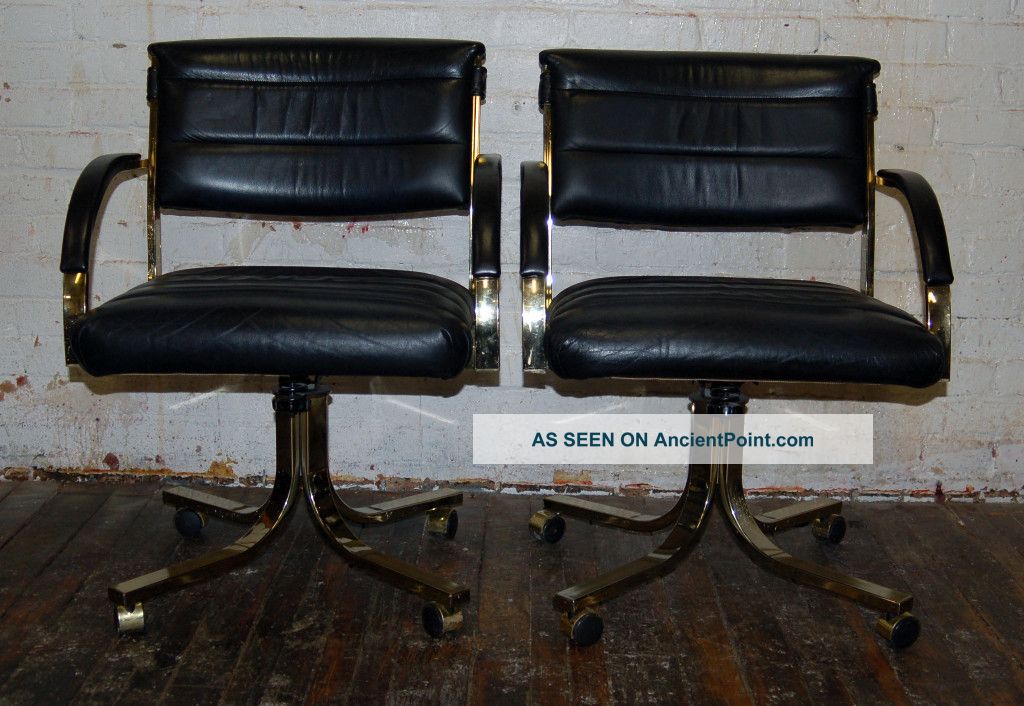 Pair Black Leather And Brass Armchairs Casters Reclining Mid Century Eames Knoll Mid-Century Modernism photo
