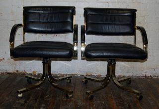 Pair Black Leather And Brass Armchairs Casters Reclining Mid Century Eames Knoll photo