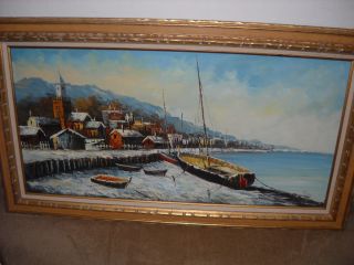 Painting – An Oil - On - Canvas,  “boats In Port”,  Signed Lower Right “roger” (artist photo