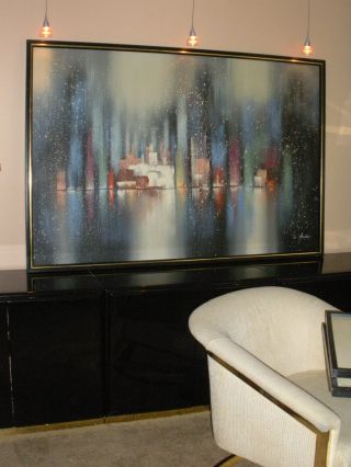 Mid Century Modern New York Skyline Water Winter Oil Painting Massive Decorator photo