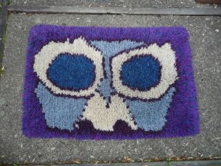 1960s Mod Vintage Eames Era Danish Modern Owl Design Rya Rug Groovy Colors 38x26 photo
