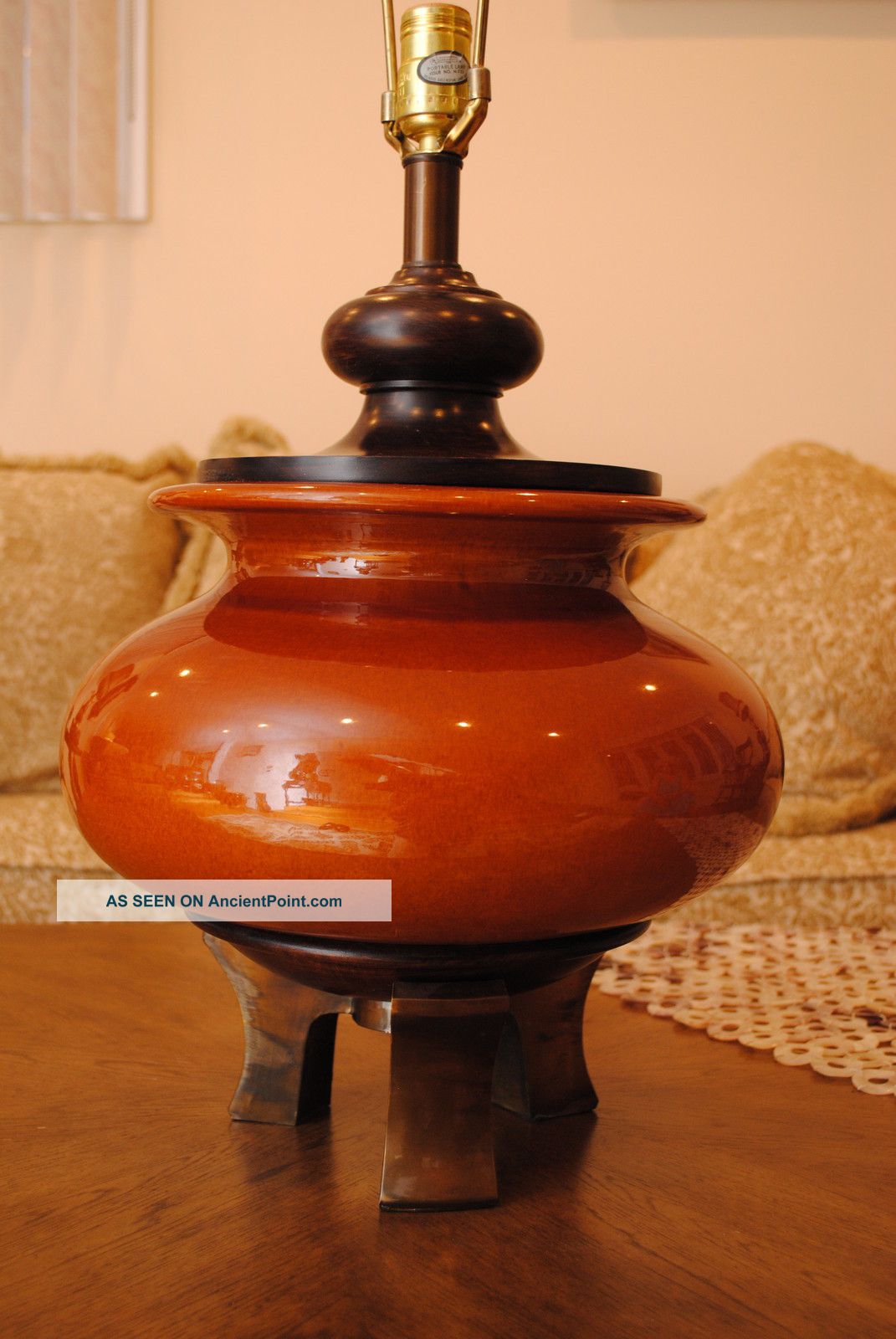 Mid Century Modern Chinese Signed Terracote Porcelain Ceramic Walnut Brass Lamp Mid-Century Modernism photo