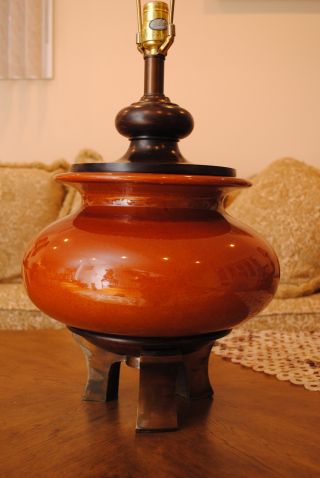 Mid Century Modern Chinese Signed Terracote Porcelain Ceramic Walnut Brass Lamp photo