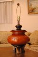 Mid Century Modern Chinese Signed Terracote Porcelain Ceramic Walnut Brass Lamp Mid-Century Modernism photo 1