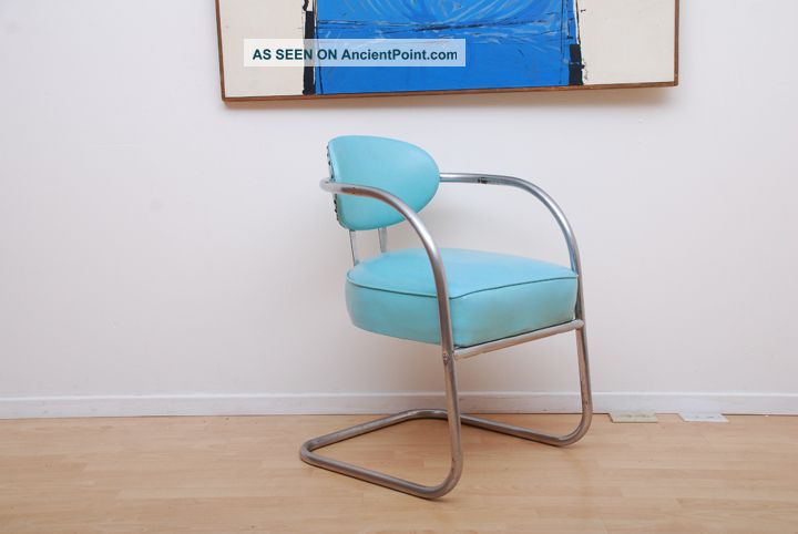Kem Weber Art Deco Side Chair Tubular Chrome Plated Steel Blue Naugahyde Mid-Century Modernism photo