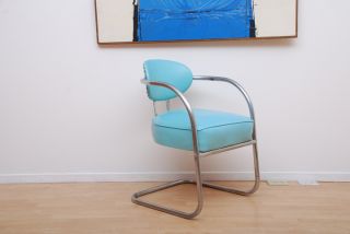 Kem Weber Art Deco Side Chair Tubular Chrome Plated Steel Blue Naugahyde photo