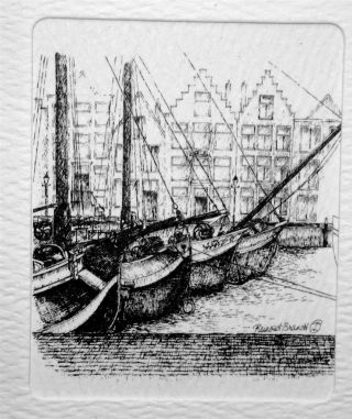 Reinoudt Brandt Tiny Etching Boats In A Harbour photo