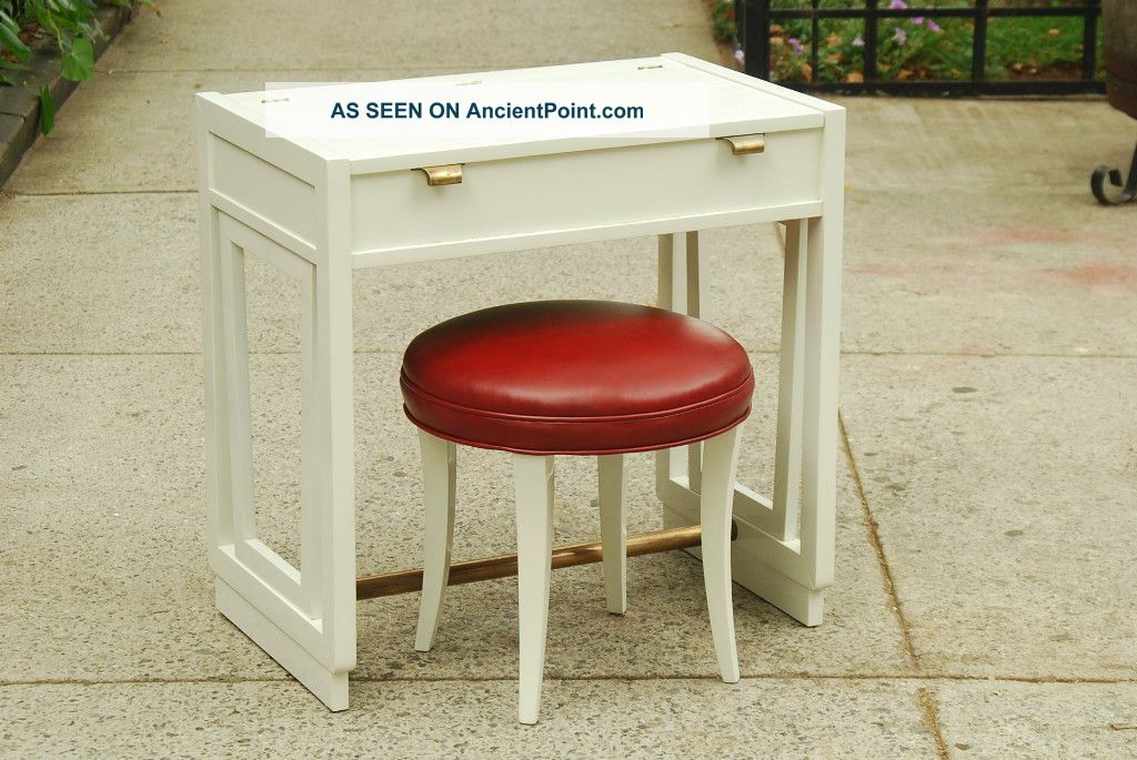 Drexel Wormley White Lacquer Vanity Red Leather Stool Mid-Century Modernism photo