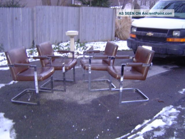 Great Set Of 4 Signed Thayer Coggin,  Milo Baughman Chrome & Leatherette Chairs Mid-Century Modernism photo