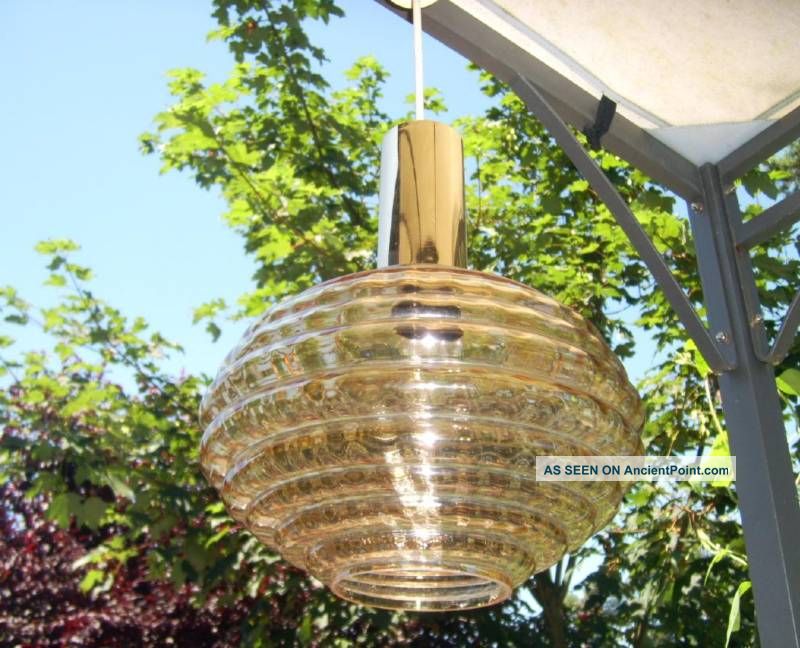1960 Stuffed Grooves Pendant Ceiling Lamp Amber Glass Mid-Century Modernism photo