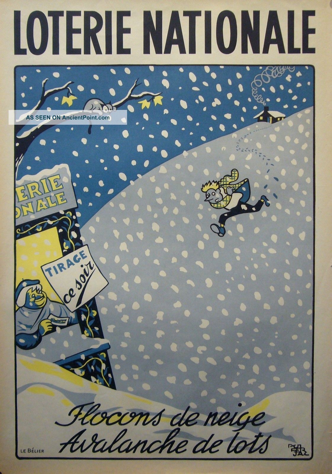 1950s Poster,  By Pol Ferjac,  French Lottery - Fun Winter Scene Mid-Century Modernism photo