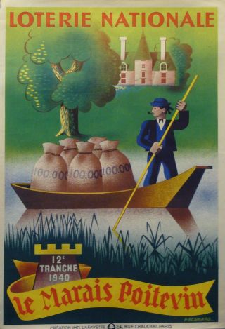 1940 French Lottery Poster - Marais Poitevin By Besniard,  Fab Colors photo