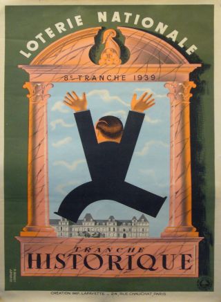 Orig.  1939 French Lottery Poster,  Tranche Historique,  Derouet+lesacq,  Colorful photo