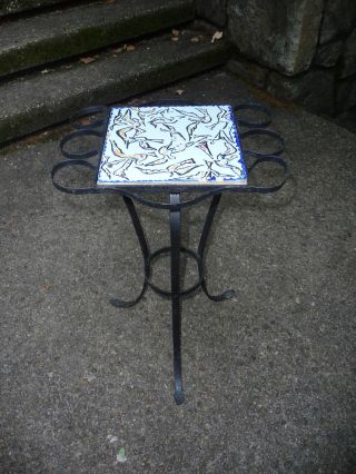 1950s Authentic Salvador Dali Tile Top Wrought Iron Drink Table Surrealist Birds photo