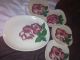 Antique Handpainted Covered Casserole Dish,  Serving Platter & 4 Desserts Redware Plates & Chargers photo 2