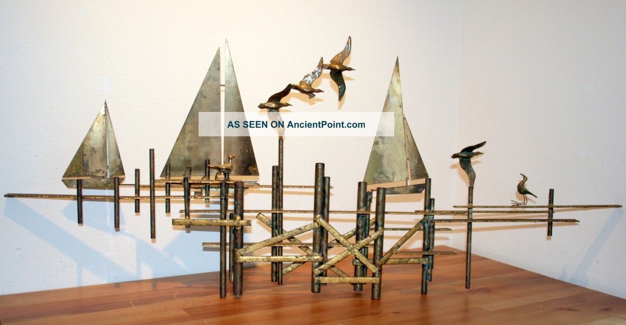 Curtis C.  Jere Brass Metal Wall Sculpture Signed Dockscape Sailboats Birds Dock Mid-Century Modernism photo