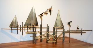 Curtis C.  Jere Brass Metal Wall Sculpture Signed Dockscape Sailboats Birds Dock photo