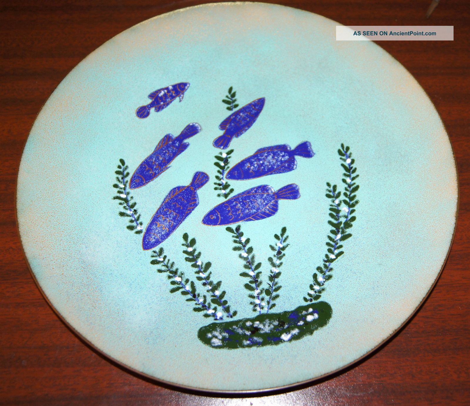 Rare Vtg Ca Artist Paul Alexander Label Modern Charger Enamel Copper Dish Blue Mid-Century Modernism photo