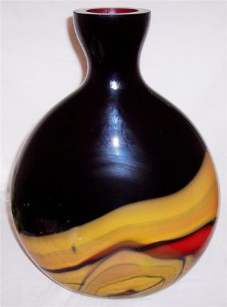 Mid Century Art Glass Flask Vase Cased Marbled Strata Blown Artist Signed Huge photo