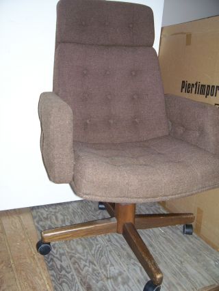 Midcentury Modern Oak Wood Base Highback Brown Cushion Retro Swivel Office Chair photo