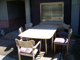 Midcentury Modern Blonde Oak Retro Dining Room Table & 6 Chairs With China Hutch photo