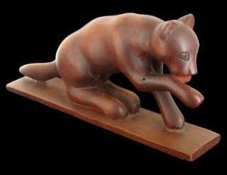 Vintage Hand Carved Wood Statue Of A Cat American Art Work photo