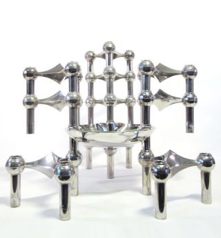 10x Nagel Chrome Atomic Candleholder + Bowl Space Age Eames Panton Era 60s 70s photo