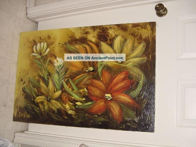 Oil Painting Midcentury Modern Floral Yellow Orange Gold Green 28x36 Mid-Century Modernism photo