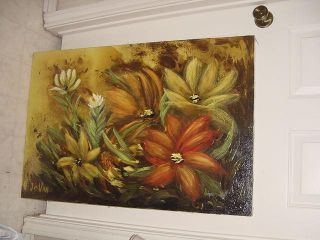 Oil Painting Midcentury Modern Floral Yellow Orange Gold Green 28x36 photo
