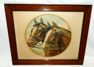 Handsome Antique Print Of Horses In Solid Oak Frame Old Wavy Glass Wow photo