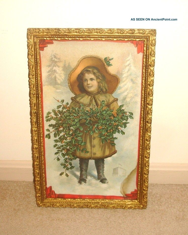 Orig 1906 1/2 Yard Long Little Victorian Girl&holly Branches,  Ornate Wood Frame Picture Frames photo