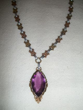 Antique Victorian Lavalier Necklace ~ Amethyst Glass Stone ~ Matching Chain ~ photo